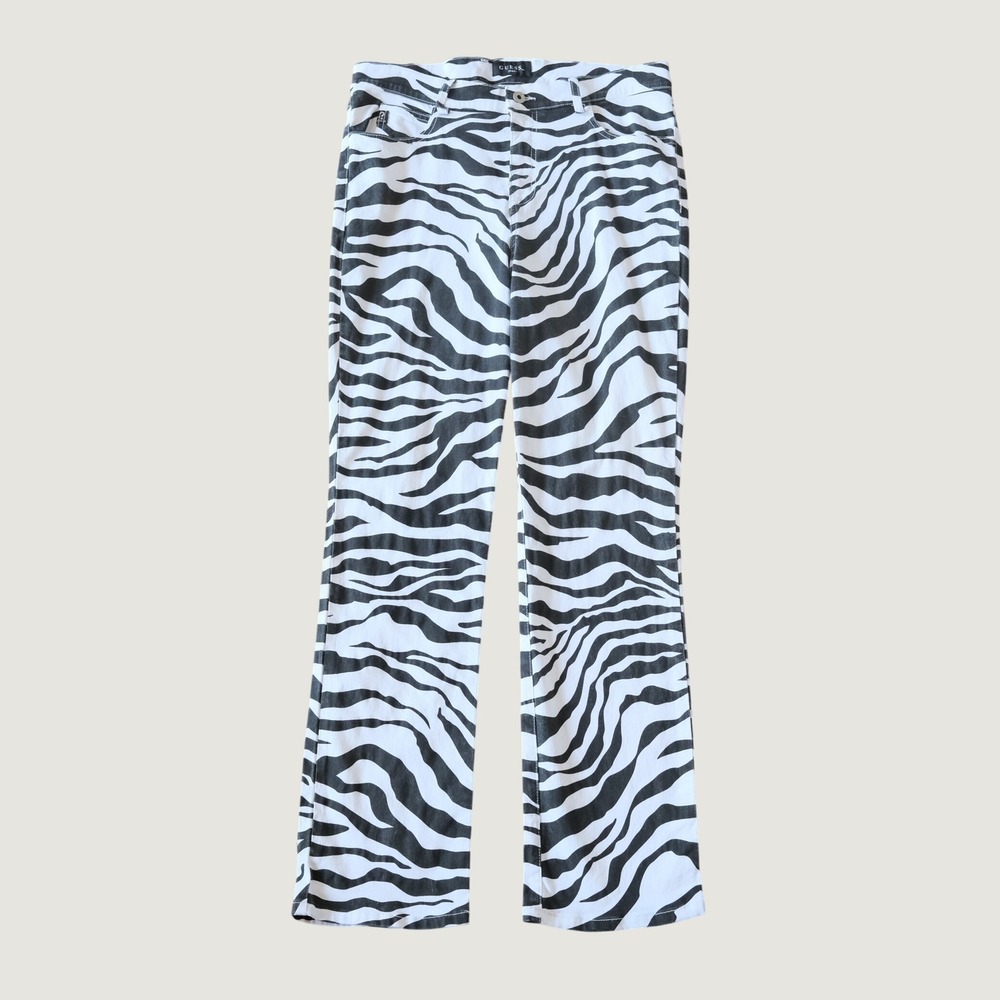 Guess Jeans Pants Womens White Zebra Print Y2K Streetwear 34 Straight Leg